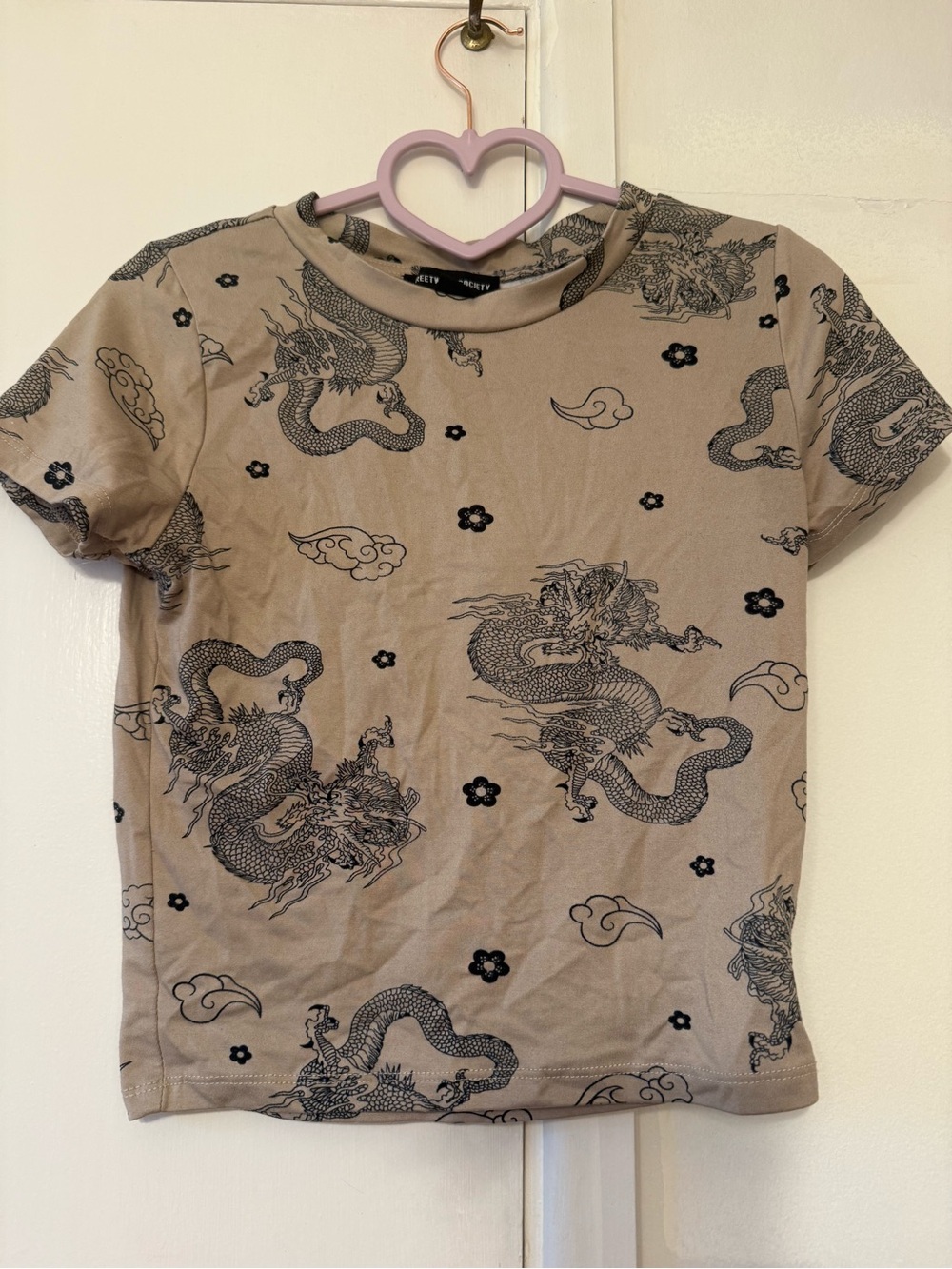 Streetwear Society Beige Short Sleeve Tee with Black Dragon Print
